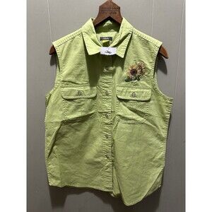 Cabela's Outdoor Summer Vest Light Green Button Up Sunflower Embroidery Sz Med